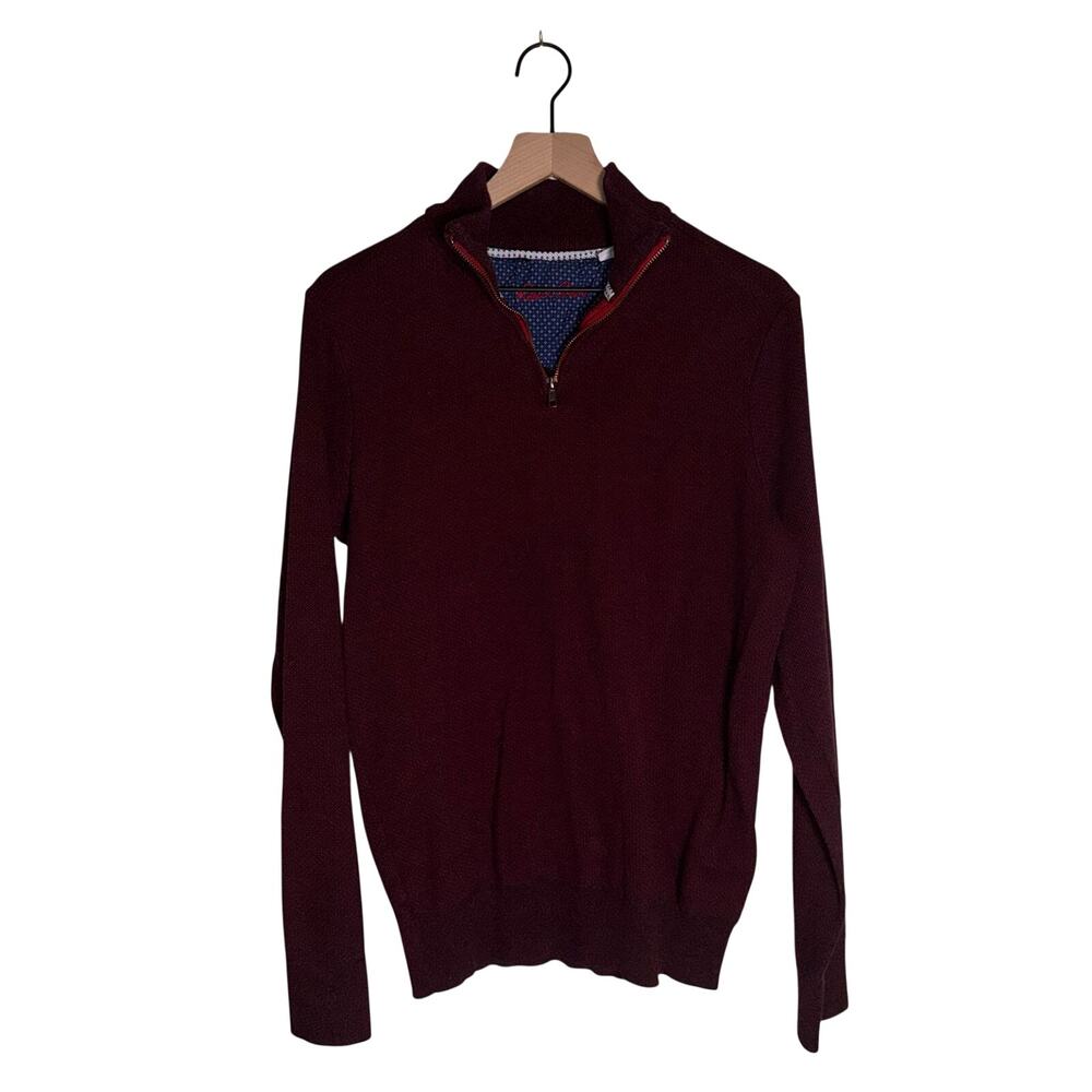 ROBERT GRAHAM burgundy knit quarter zip pullover classic preppy sweater L